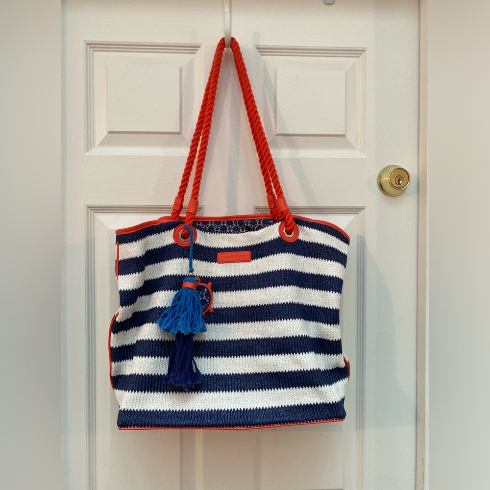 Vera Bradley Retired Blue & White Striped Tote w Red Rope Handles & Blue Tassels